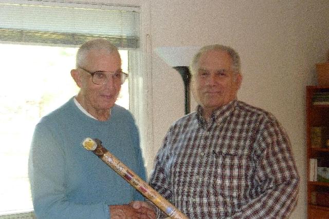 Marine Donald E Lee. Cane carved by Hal Weisel of HVWC. Presentation by Pat Paraggio of HVWC (on the right)