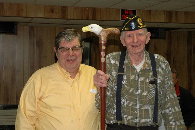 WWII vet Harold V Every. Cane carved by Sal Filipone of HVWC. Presented by Frank Bottego of HVWC.