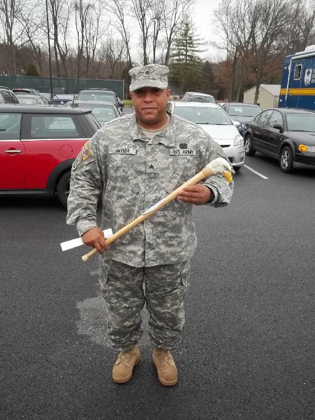 Army SGT Ian Haynes. Cane carved by Mike Febbie of MVA&WA
