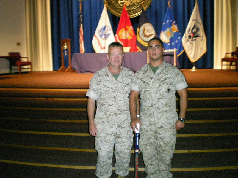 Marine PFC Daniel Aristy presented by Brigadier General McKenzie. Cane carved by Jim Mullen of HVWC.